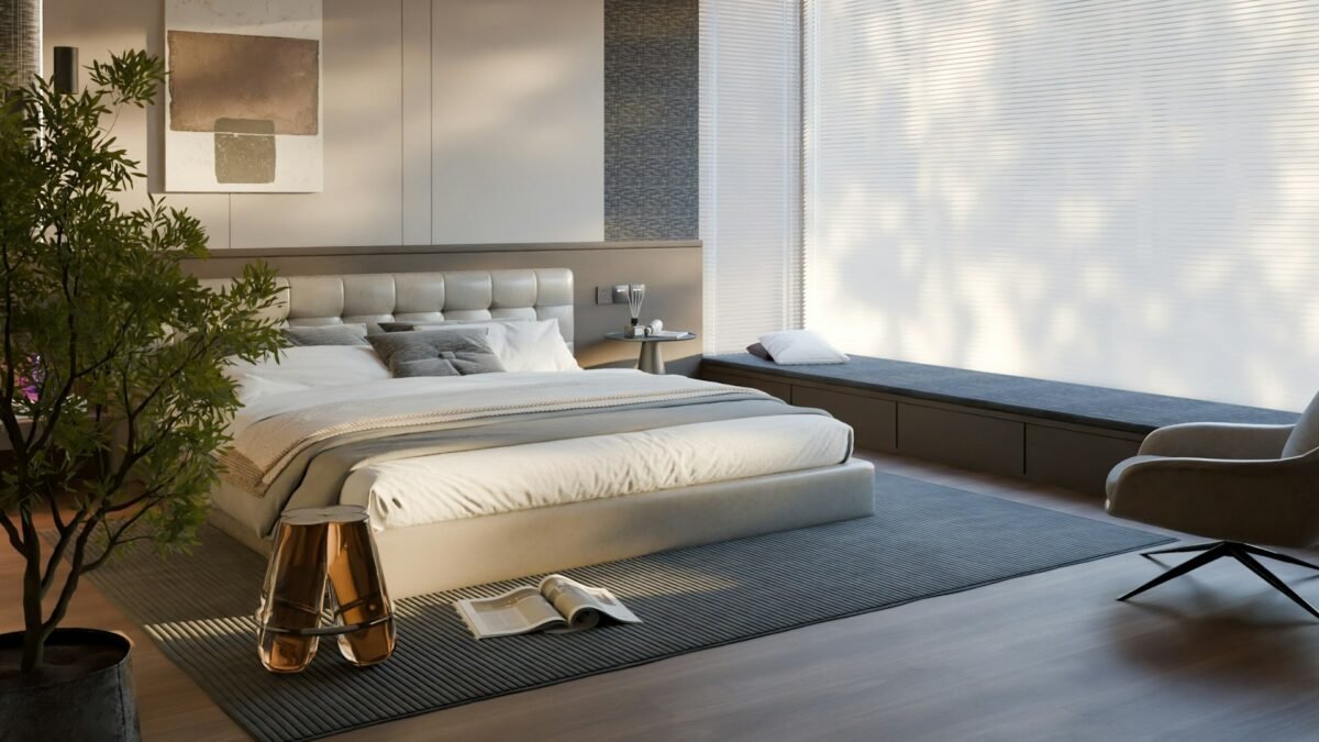A bright, calm modern bedroom with a large window and a plant, a restful setting for earlier bedtimes