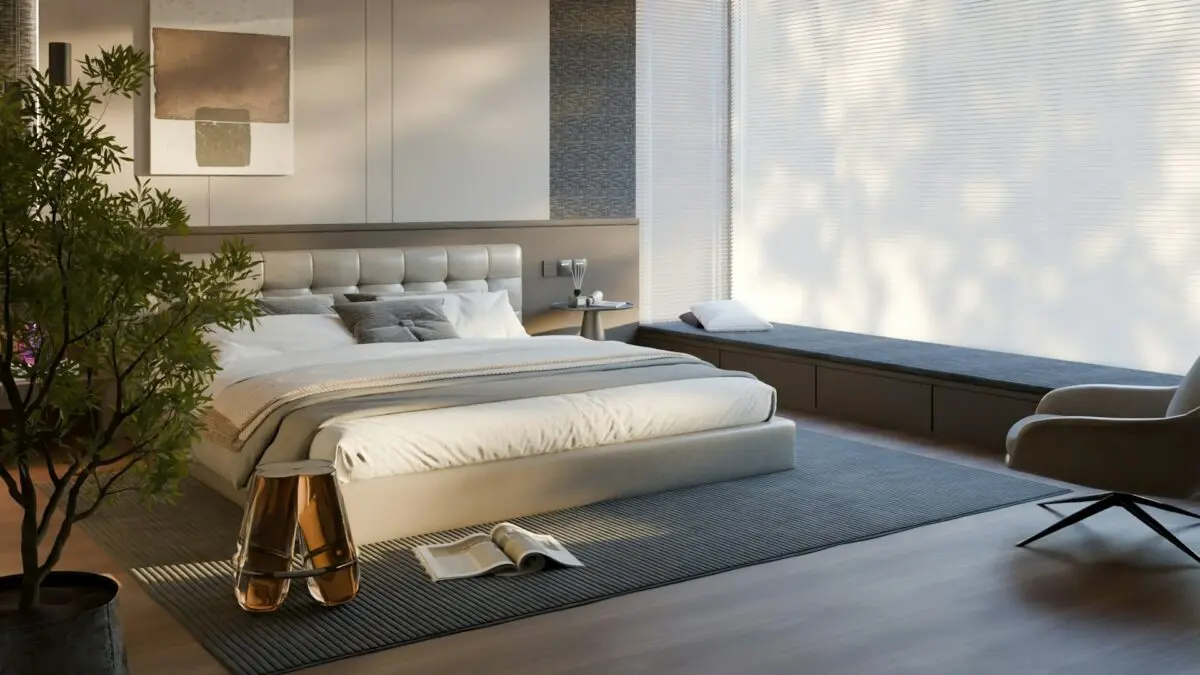 A bright, calm modern bedroom with a large window and a plant, a restful setting for earlier bedtimes